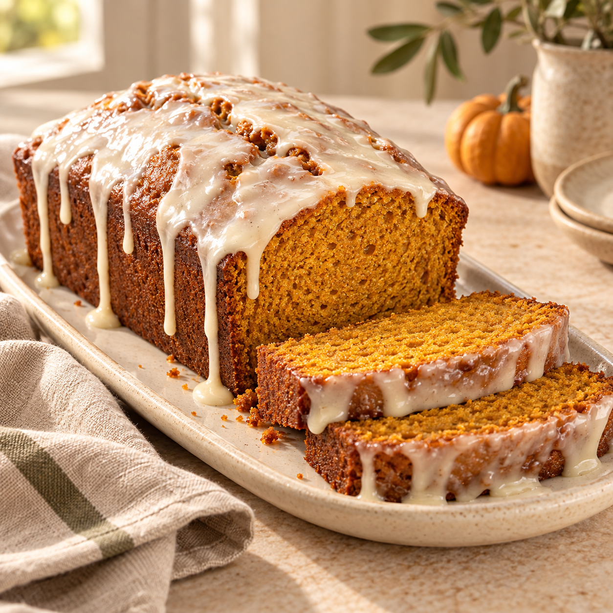 Pumpkin loaf topped with vanilla glaze, with two slices on a cream platter