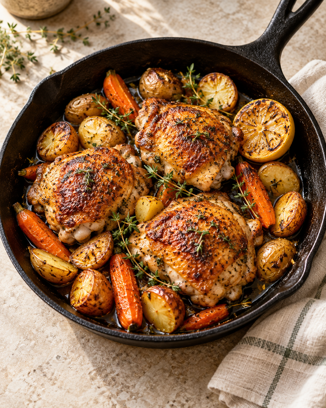 Golden seared chicken thighs with roasted potatoes, carrots, lemon, and thyme in a cast-iron skillet